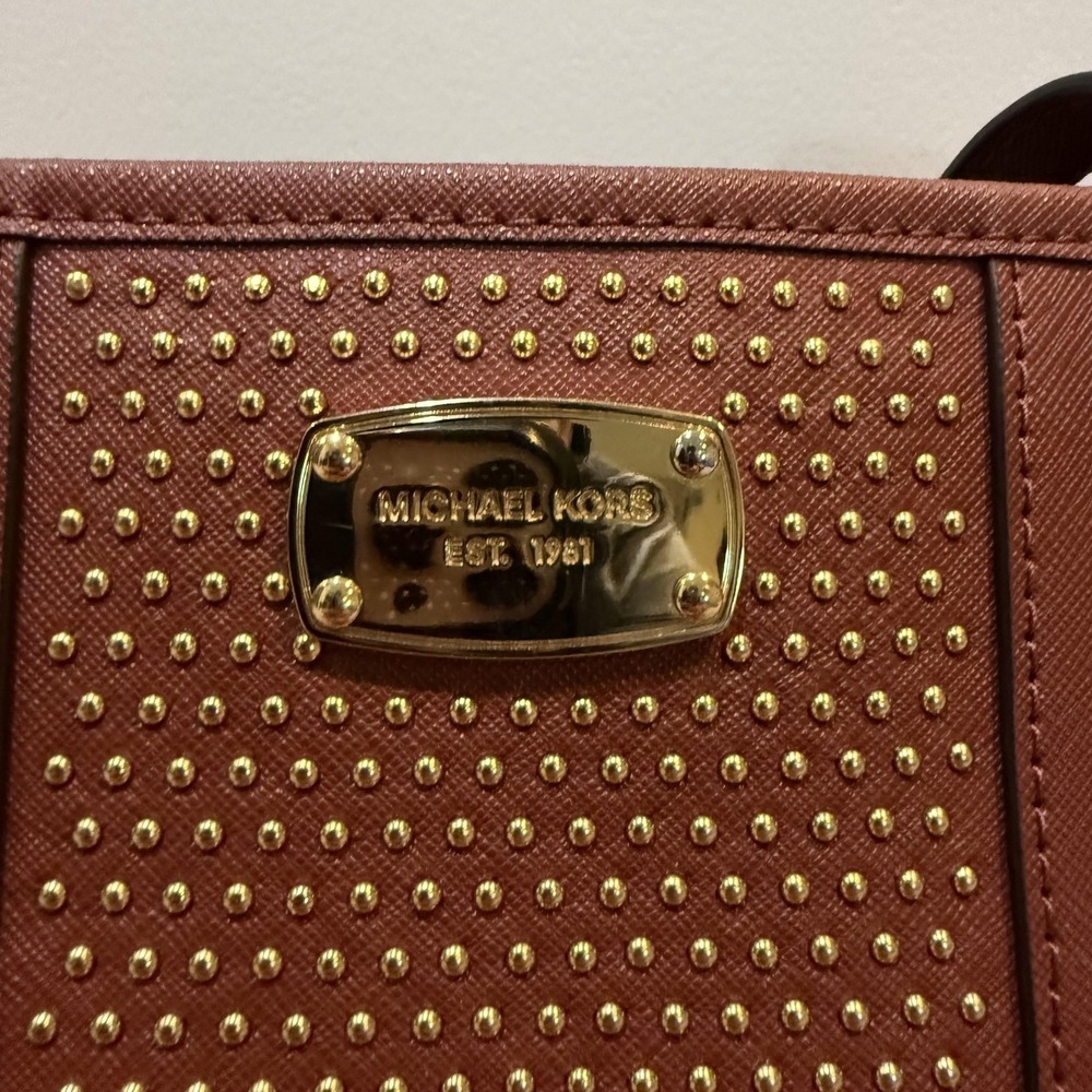 Michael‎ Kors Studded Saffiano Leather Shoulder Tote Womens Brown Gold 35F7JDT1L - Picture 2 of 8